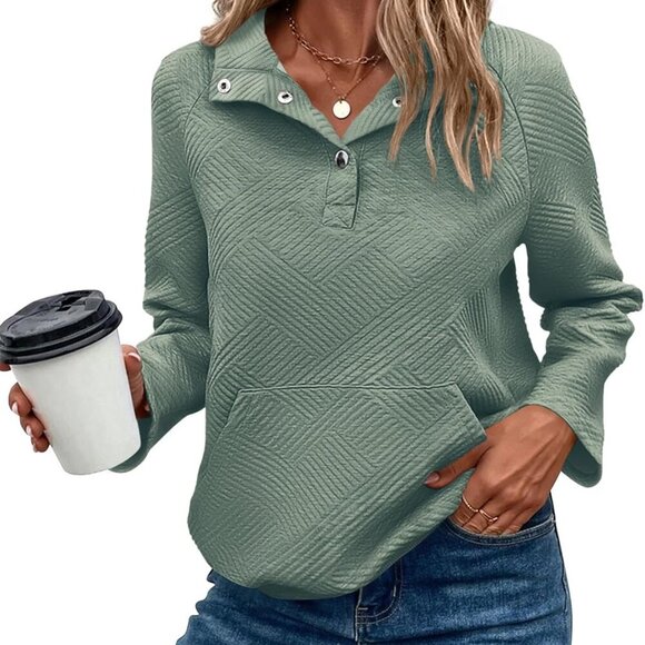 Trendy Women's Sage Green Textured Henley Sweatshirt for Fall